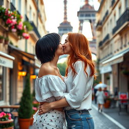 A romantic scene featuring a lesbian couple in Paris, with the iconic Eiffel Tower in the background