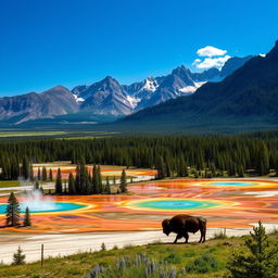 A stunning landscape inspired by the scenery in Yellowstone National Park, featuring vibrant geothermal features such as hot springs and geysers under a bright blue sky