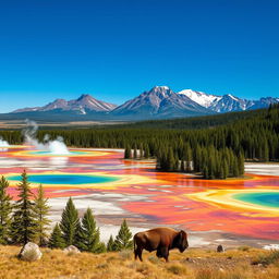 A stunning landscape inspired by the scenery in Yellowstone National Park, featuring vibrant geothermal features such as hot springs and geysers under a bright blue sky