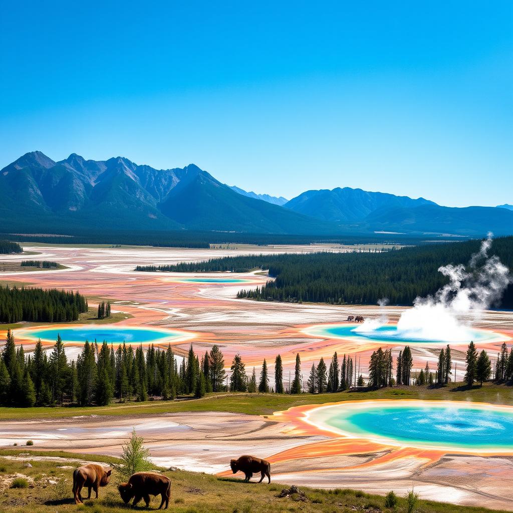 A stunning landscape inspired by the scenery in Yellowstone National Park, featuring vibrant geothermal features such as hot springs and geysers under a bright blue sky