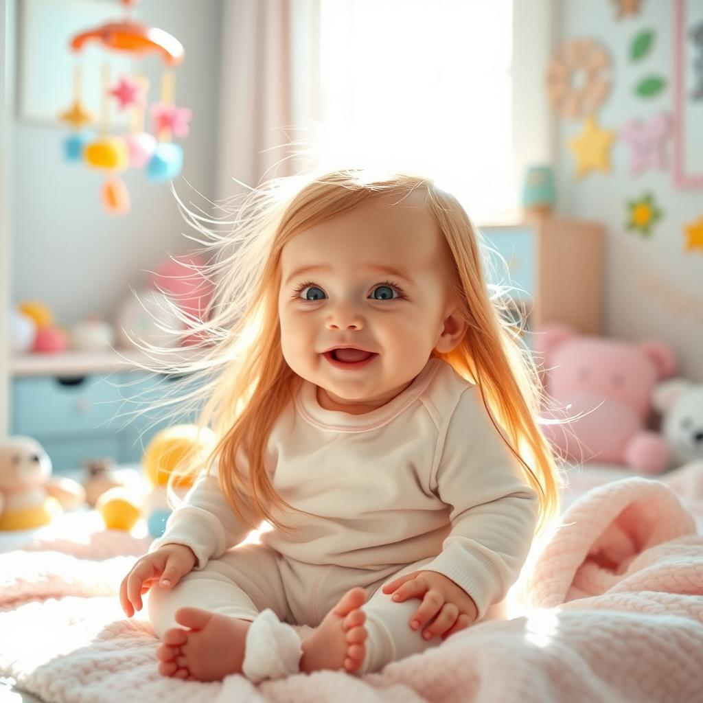 A charming baby with long, flowing hair, sitting in a cozy nursery filled with soft pastel colors