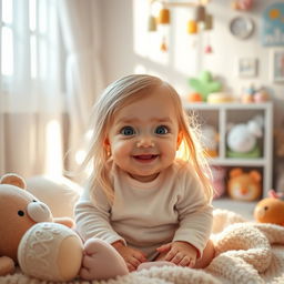 A charming baby with long, flowing hair, sitting in a cozy nursery filled with soft pastel colors