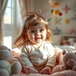 A charming baby with long, flowing hair, sitting in a cozy nursery filled with soft pastel colors