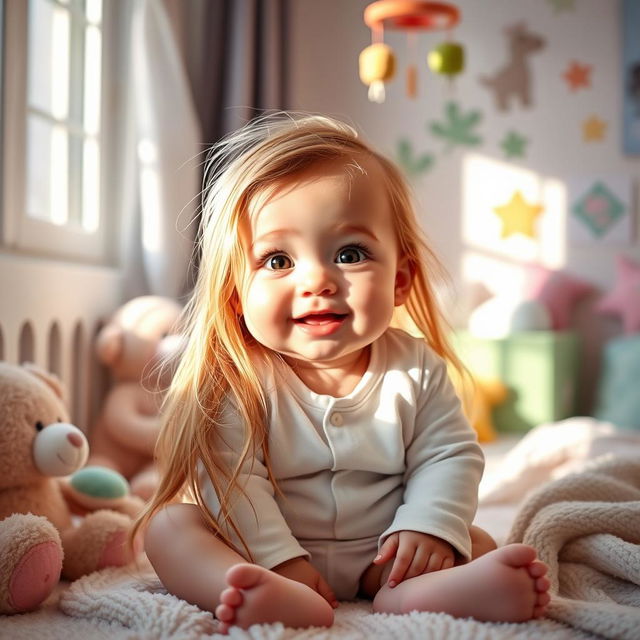 A charming baby with long, flowing hair, sitting in a cozy nursery filled with soft pastel colors