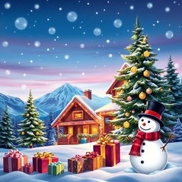 A vibrant and festive Christmas background featuring a beautiful winter scene with gently falling snowflakes, a cozy cabin decorated with colorful lights, and a tall evergreen tree adorned with sparkling ornaments