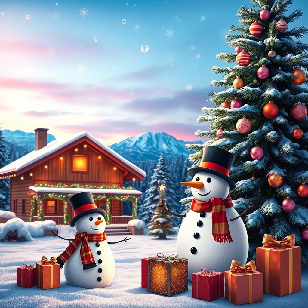 A vibrant and festive Christmas background featuring a beautiful winter scene with gently falling snowflakes, a cozy cabin decorated with colorful lights, and a tall evergreen tree adorned with sparkling ornaments