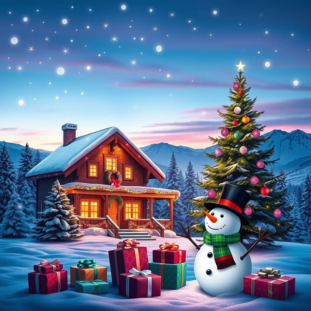 A vibrant and festive Christmas background featuring a beautiful winter scene with gently falling snowflakes, a cozy cabin decorated with colorful lights, and a tall evergreen tree adorned with sparkling ornaments