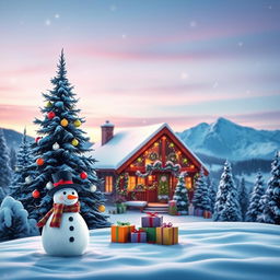 A vibrant and festive Christmas background featuring a beautiful winter scene with gently falling snowflakes, a cozy cabin decorated with colorful lights, and a tall evergreen tree adorned with sparkling ornaments
