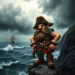 A grumpy pirate dwarf character, dressed in a detailed pirate costume complete with a tricorn hat, eyepatch, and a colorful vest adorned with gold trinkets
