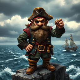 A grumpy pirate dwarf character, dressed in a detailed pirate costume complete with a tricorn hat, eyepatch, and a colorful vest adorned with gold trinkets