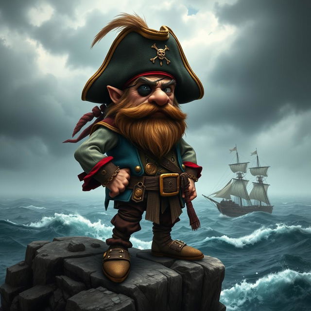 A grumpy pirate dwarf character, dressed in a detailed pirate costume complete with a tricorn hat, eyepatch, and a colorful vest adorned with gold trinkets