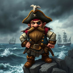 A grumpy pirate dwarf character, dressed in a detailed pirate costume complete with a tricorn hat, eyepatch, and a colorful vest adorned with gold trinkets