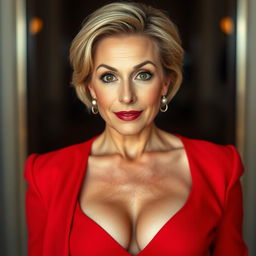 A striking 50-year-old woman dressed in a bold red outfit, elegantly showcasing her cleavage, with a natural look of surprise on her face