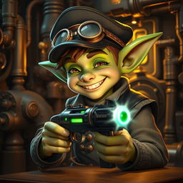 A young male goblin with vibrant green skin in a steampunk setting, wearing a detailed uniform complete with a stylish cap and steampunk goggles