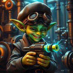 A young male goblin with vibrant green skin in a steampunk setting, wearing a detailed uniform complete with a stylish cap and steampunk goggles