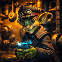 A young male goblin with vibrant green skin in a steampunk setting, wearing a detailed uniform complete with a stylish cap and steampunk goggles