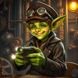 A young male goblin with vibrant green skin in a steampunk setting, wearing a detailed uniform complete with a stylish cap and steampunk goggles