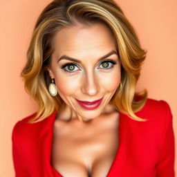 A gorgeous 50-year-old woman dressed in a bold red outfit, tastefully showcasing her cleavage with a natural look of surprise on her face