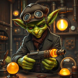 A whimsical male goblin with vibrant green skin, dressed in a stylish steampunk uniform complete with a tailored jacket, a neat cap, and vintage goggles perched on his forehead
