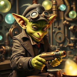A whimsical male goblin with vibrant green skin, dressed in a stylish steampunk uniform complete with a tailored jacket, a neat cap, and vintage goggles perched on his forehead