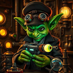 A whimsical male goblin with vibrant green skin, dressed in a stylish steampunk uniform complete with a tailored jacket, a neat cap, and vintage goggles perched on his forehead