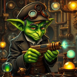 A whimsical male goblin with vibrant green skin, dressed in a stylish steampunk uniform complete with a tailored jacket, a neat cap, and vintage goggles perched on his forehead