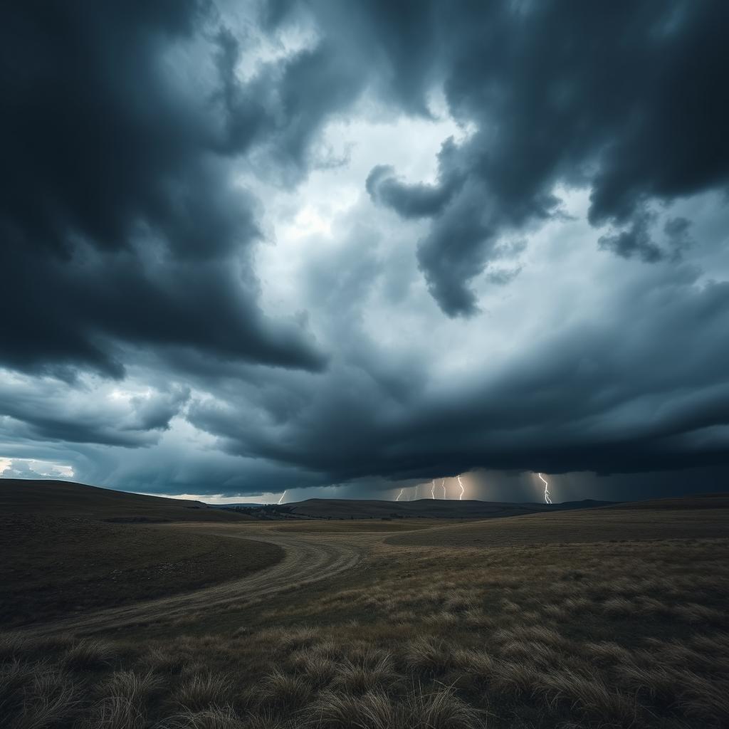 A dramatic and moody scene featuring dark clouds looming over a landscape