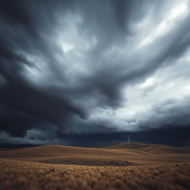 A dramatic and moody scene featuring dark clouds looming over a landscape