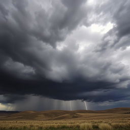 A dramatic and moody scene featuring dark clouds looming over a landscape