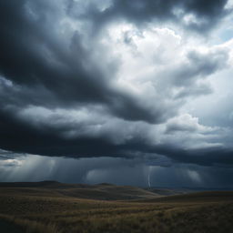 A dramatic and moody scene featuring dark clouds looming over a landscape