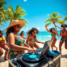 A lively scene of a curvy girl DJ passionately playing vinyl records on a picturesque beach