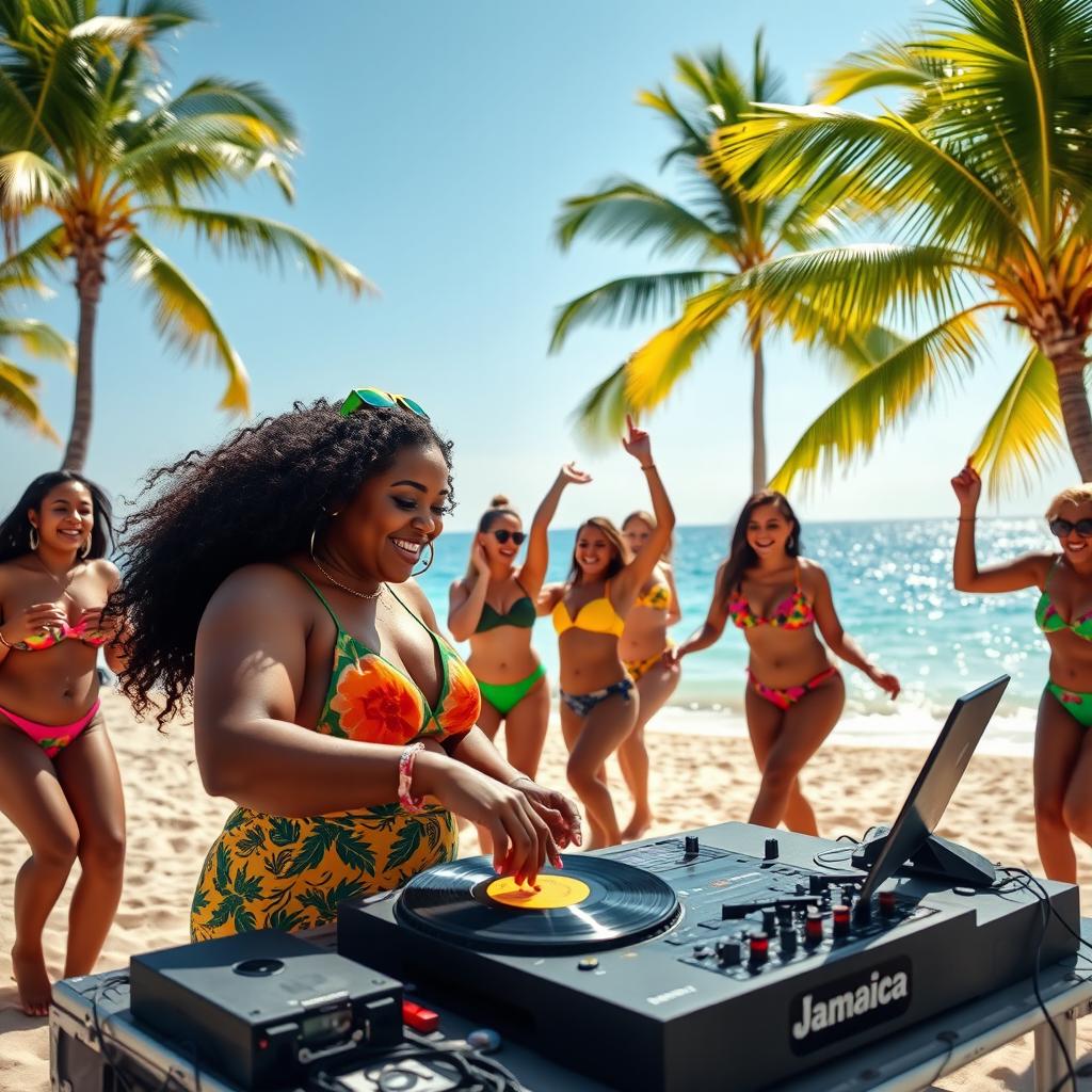 A lively scene of a curvy girl DJ passionately playing vinyl records on a picturesque beach