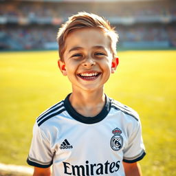 A cheerful boy with a bright face, wearing an authentic Real Madrid jersey, featuring a big, genuine smile that radiates happiness