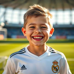 A cheerful boy with a bright face, wearing an authentic Real Madrid jersey, featuring a big, genuine smile that radiates happiness