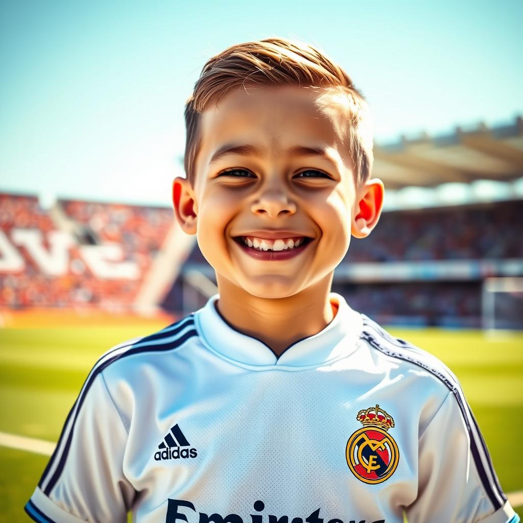 A cheerful boy with a bright face, wearing an authentic Real Madrid jersey, featuring a big, genuine smile that radiates happiness