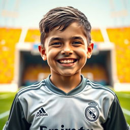 A cheerful boy with a bright face, wearing an authentic Real Madrid jersey, featuring a big, genuine smile that radiates happiness