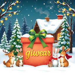A festive and cheerful Christmas scene featuring snow-covered trees and twinkling lights