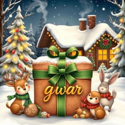 A festive and cheerful Christmas scene featuring snow-covered trees and twinkling lights
