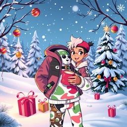 A whimsical Christmas scene featuring a beautiful winter landscape with snow-covered trees and twinkling lights