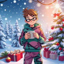 A whimsical Christmas scene featuring a beautiful winter landscape with snow-covered trees and twinkling lights