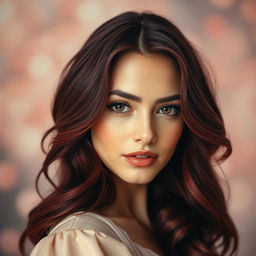 A beautiful woman with vibrant burgundy (cherry) hair, cascading in soft waves, set against a dreamy, artistic background featuring blurred pastel colors