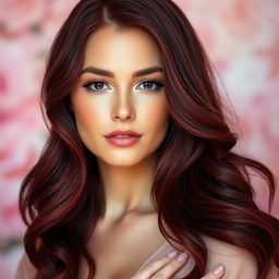 A beautiful woman with vibrant burgundy (cherry) hair, cascading in soft waves, set against a dreamy, artistic background featuring blurred pastel colors