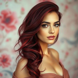 A beautiful woman with vibrant burgundy (cherry) hair, cascading in soft waves, set against a dreamy, artistic background featuring blurred pastel colors