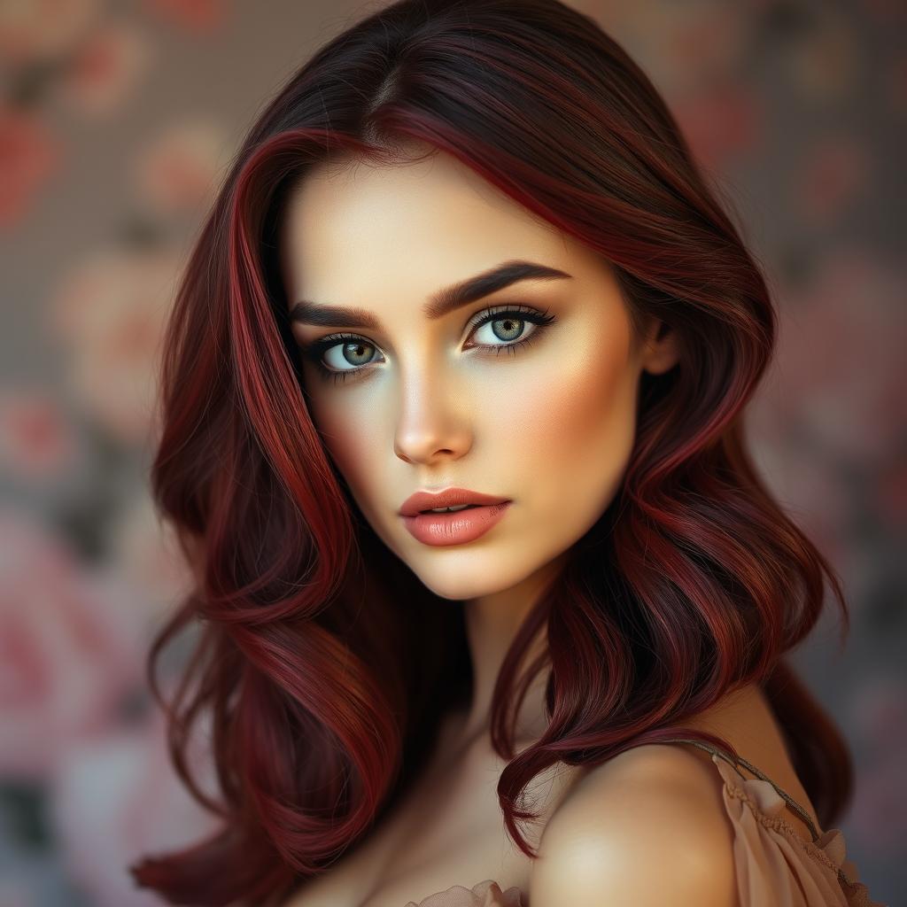 A beautiful woman with vibrant burgundy (cherry) hair, cascading in soft waves, set against a dreamy, artistic background featuring blurred pastel colors