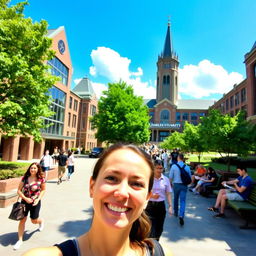 A vibrant, sunny day in front of Charles Stuart University, featuring a lively campus atmosphere