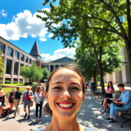 A vibrant, sunny day in front of Charles Stuart University, featuring a lively campus atmosphere