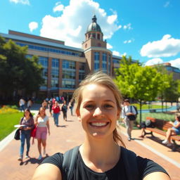 A vibrant, sunny day in front of Charles Stuart University, featuring a lively campus atmosphere