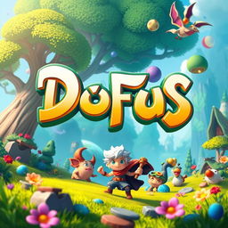 A vibrant and dynamic digital art scene inspired by the world of Dofus, showcasing a colorful fantasy landscape with whimsical creatures and characters from the game