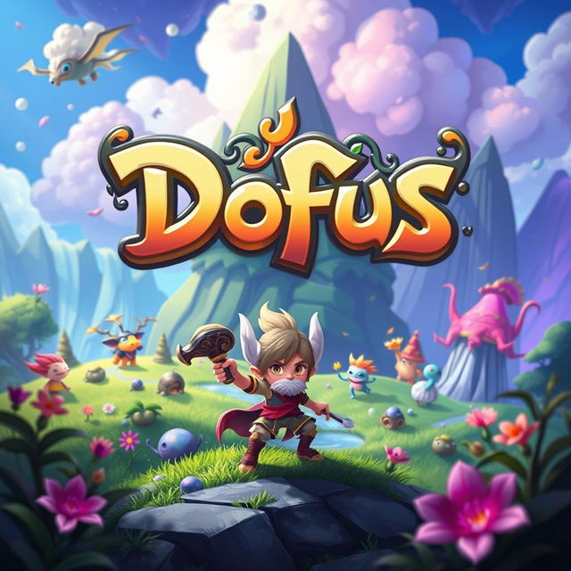 A vibrant and dynamic digital art scene inspired by the world of Dofus, showcasing a colorful fantasy landscape with whimsical creatures and characters from the game