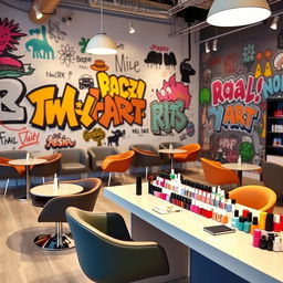 A vibrant nail salon interior inspired by street art, featuring stylish chairs and tables arranged throughout the space